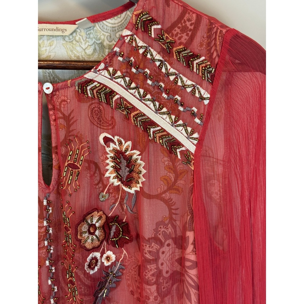 Soft Surroundings Samara Tunic Dark Coral Sheer Embroidered Boho Floral Sz Small - Picture 7 of 11